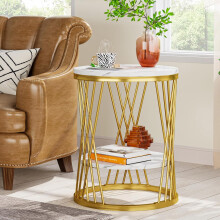 Tribesigns Runder Beistelltisch, 2-stöckiger Nachttisch mit Regal, moderner Sofatisch im Weiß-Gold-Design für Wohnzimmer & Schlafzimmer