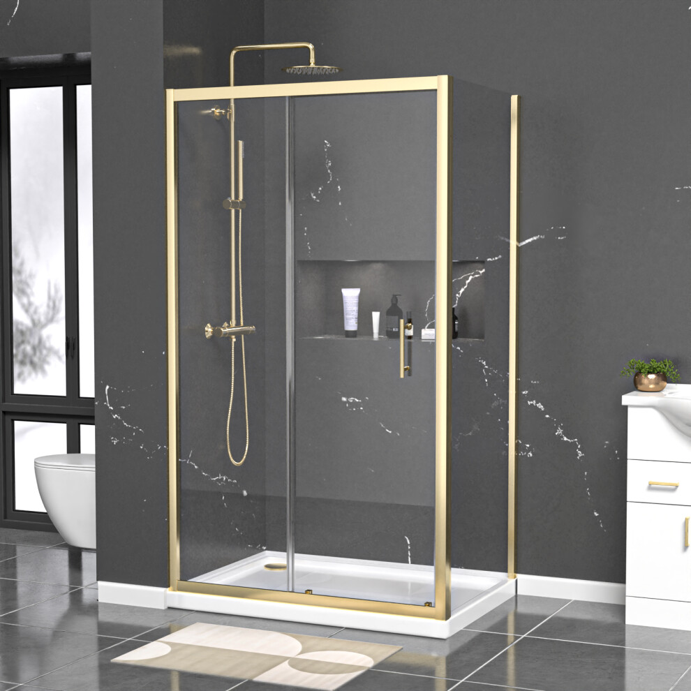 Nes Home 1100 x 800mm Shower Enclosure Sliding Door, Panel & Tray Brushed Brass
