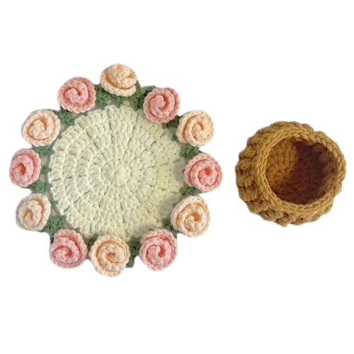 Σουβέρ με μπουκέτο τριαντάφυλλων, πλεκτό σουπλά λουλουδιών με καλάθι C