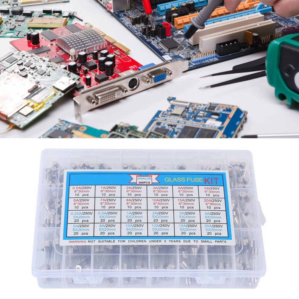 360Pcs Glass Tube Fuses Assortment Kit 0.25A-20A 250V 8711333198518