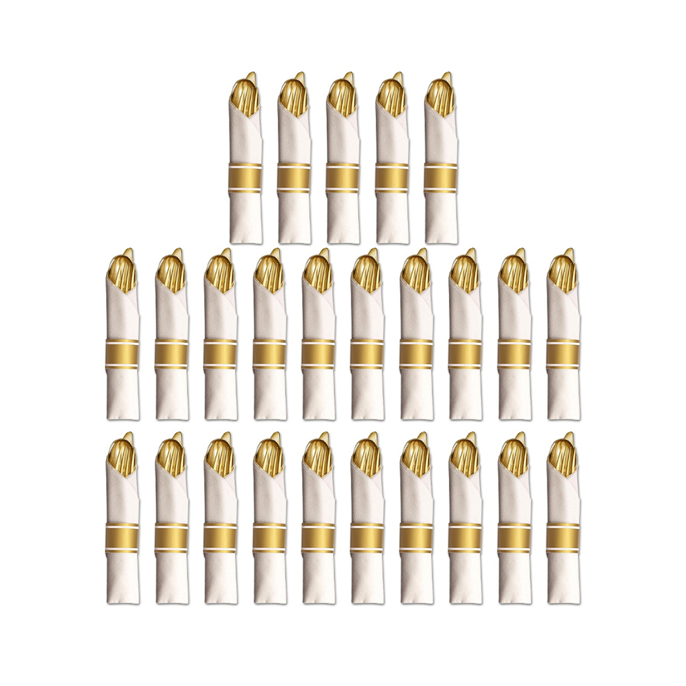 25 Pre Rolled Gold Plastic Silverware - Silverware Set