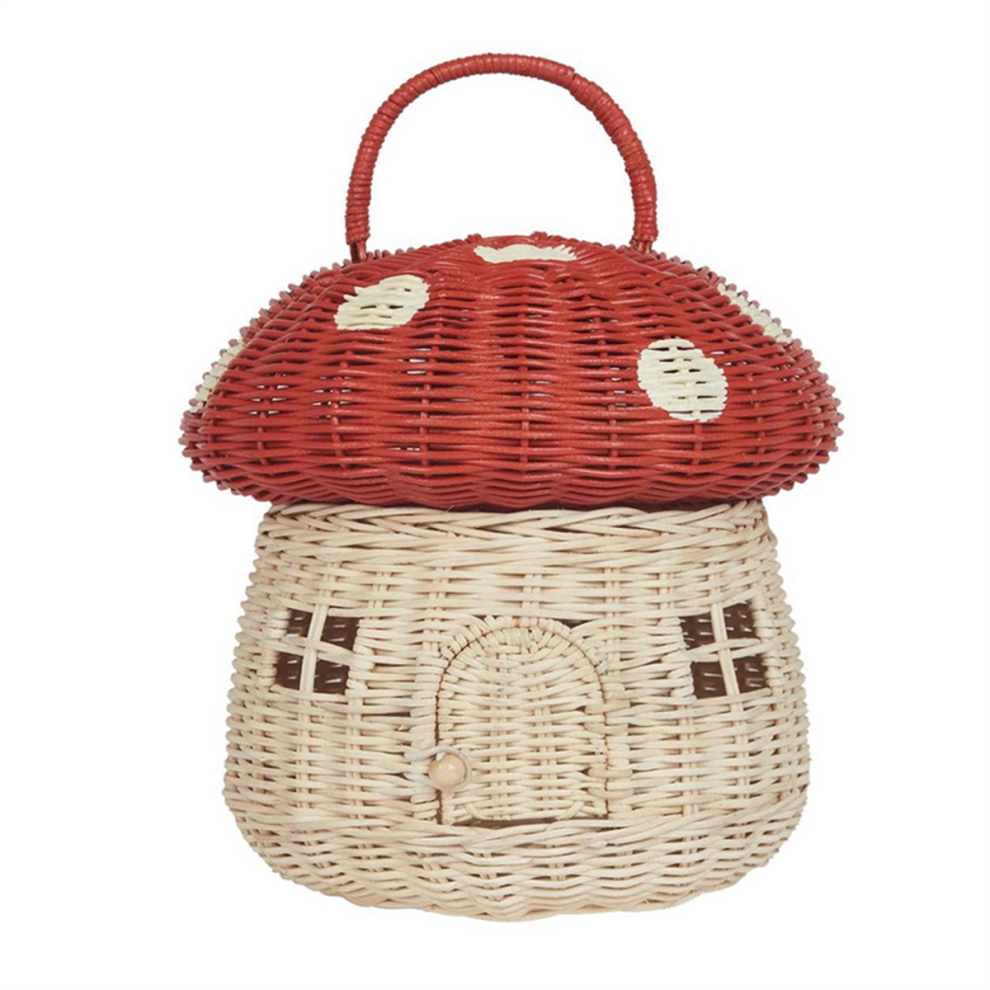 Bez Marki Rattan Mushroom-Shaped Storage Basket- Handmade Handcrafted, Red