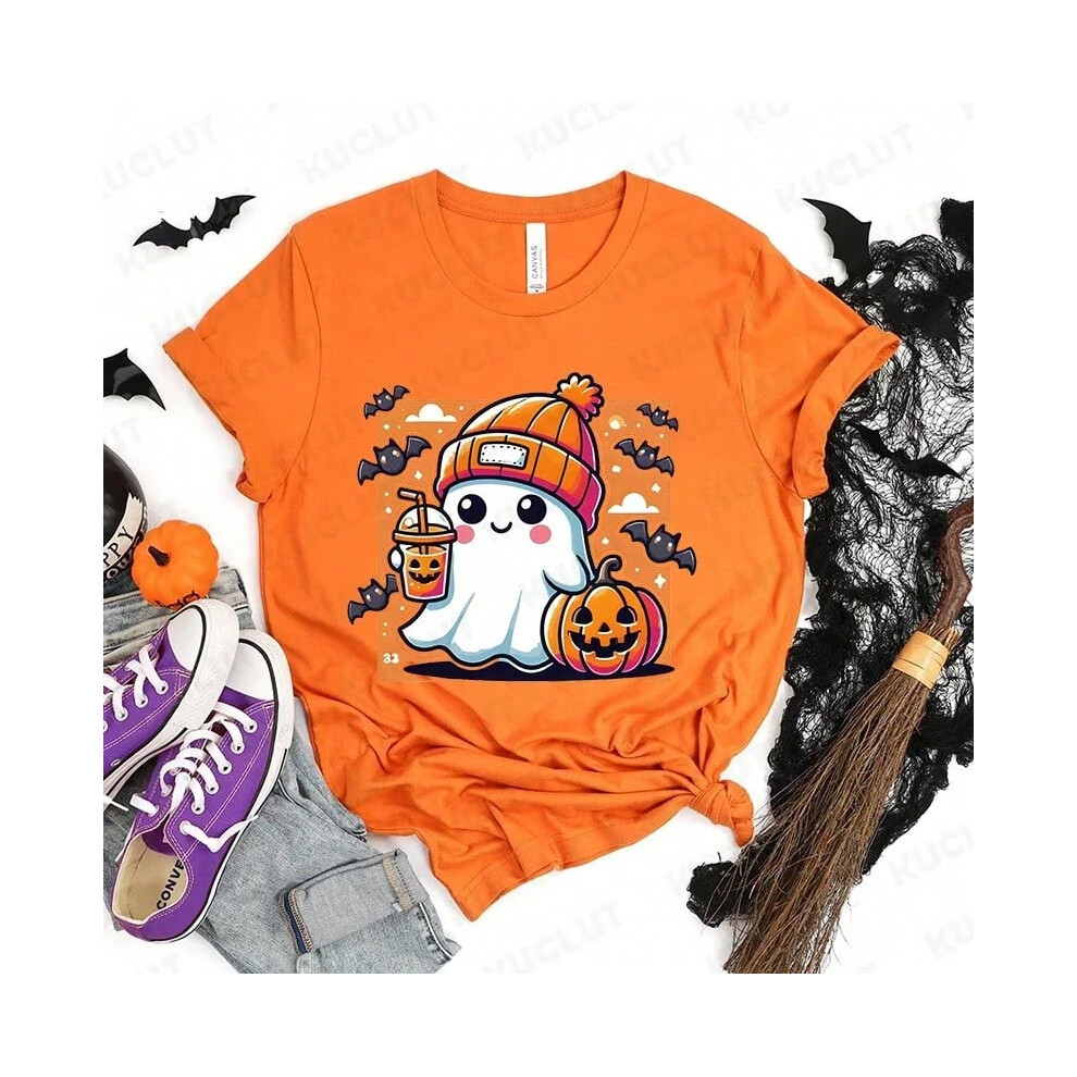 (X20240811-D-5, XS) Happy Halloween Fashion Women T-shirt Summer Casual Tops Spooky Season T-shirt Halloween Pumpkins Ghost T-shirts Halloween Gifts-image-OPC-PJBWBD9-NEW