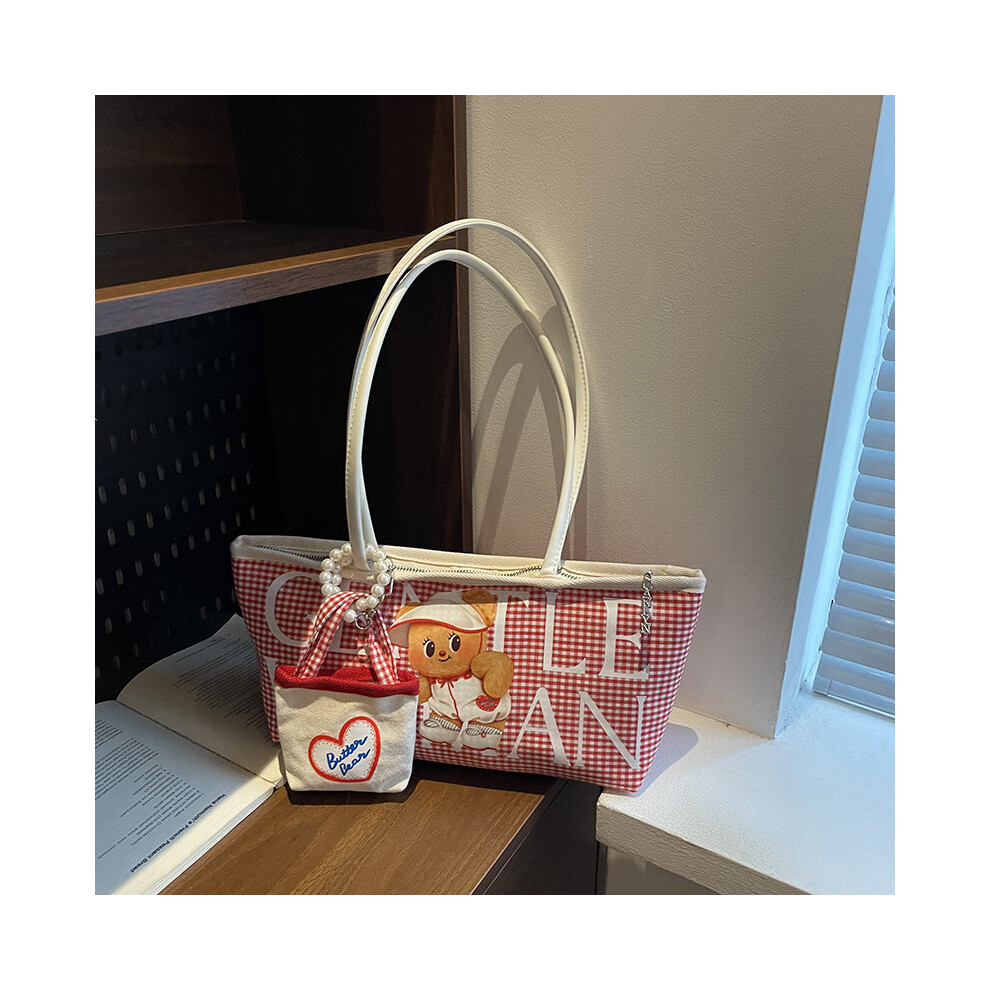 (White) Grid Bag Canvas Women Large Capacity Soft Fabric Contrast Casual Details Looks-image-OPC-PJBWXPQ-NEW