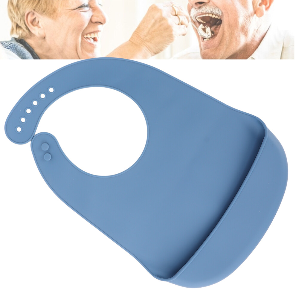 Blue Elderly Waterproof Silicone Feeding Bib With Crumb Catcher Adjustable Fit