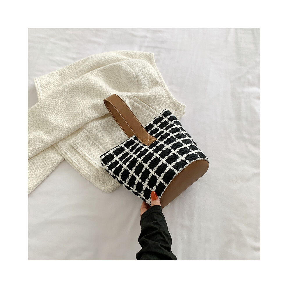 (Black) Black And Chic White Check Bucket Bag With Soft Touch And Large Capacity Everyday Use For-image-OPC-PJBY928-NEW