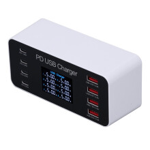 65W 8-Port USB-Ladestation, Mehrfach-USB-Hub-Ladegerät mit LCD-Anzeige, QC3.0, PD30W USB-C für iOS-Tablets, MacBook Pro und Air, Galaxy 100