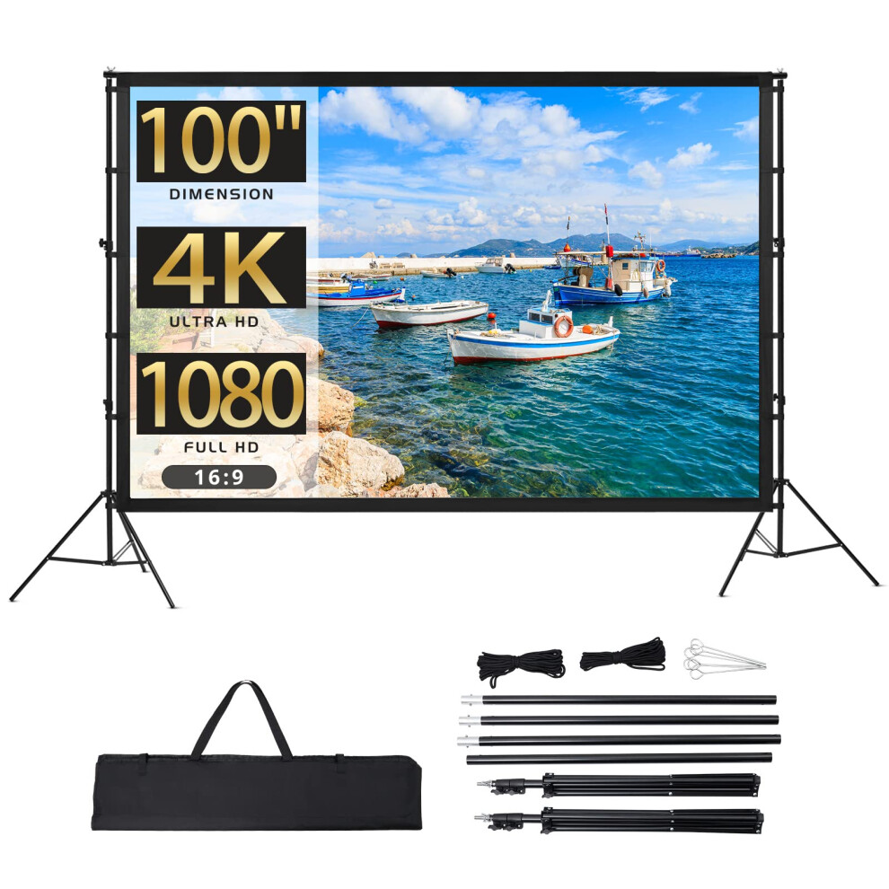 Projector Screen With Stand, Towallmark 100 Inch Portable Projection Screen, 16:9 4K Hd Rear & Front Projections Movies Screen With Carry Bag, For 196336131744