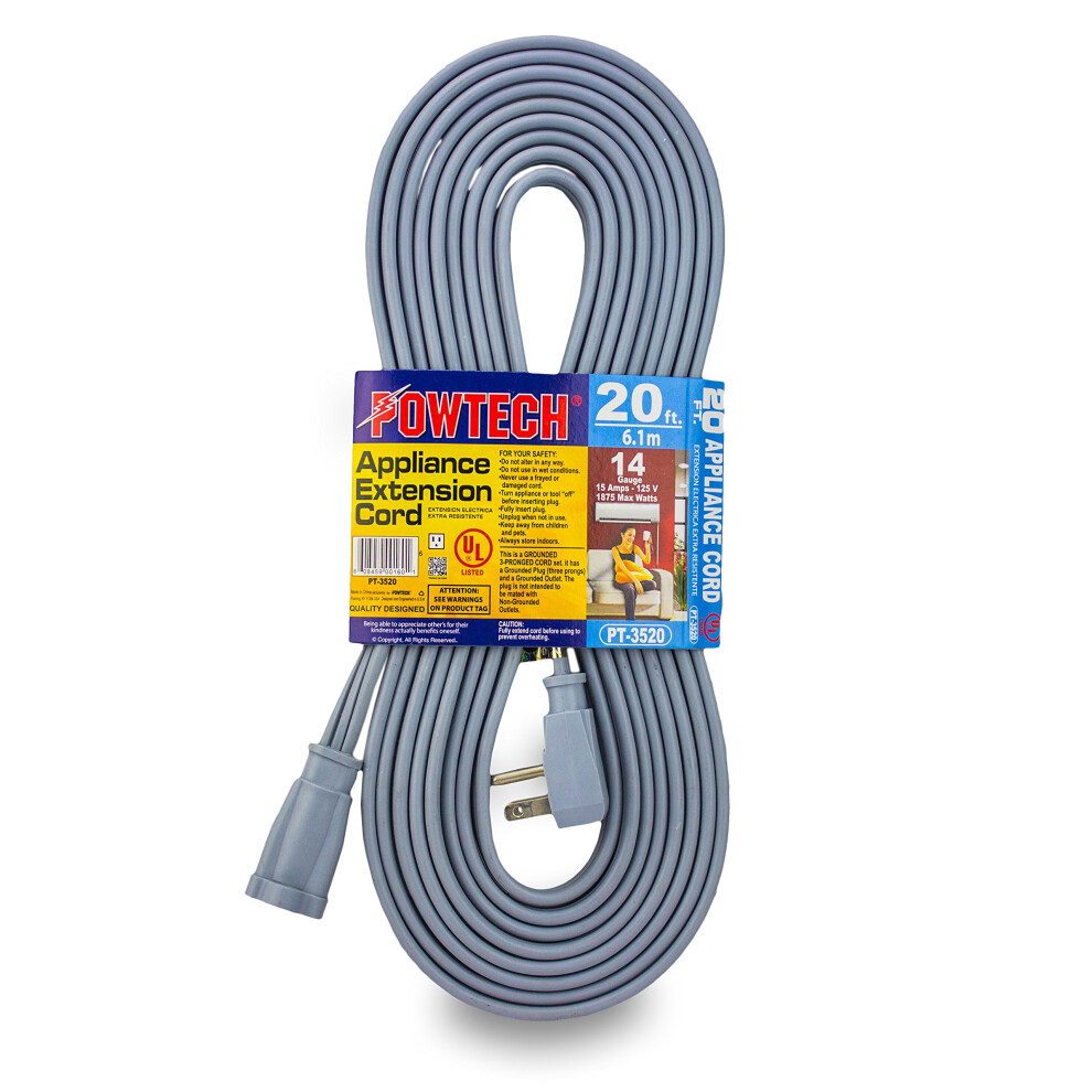 Powtech Heavy Duty 20 Ft Air Conditioner And Major Appliance Extension Cord Ul Listed 14 Gauge, 125V, 15 Amps, 1875 Watts Grounded 3-Pronged Cord 608459001601