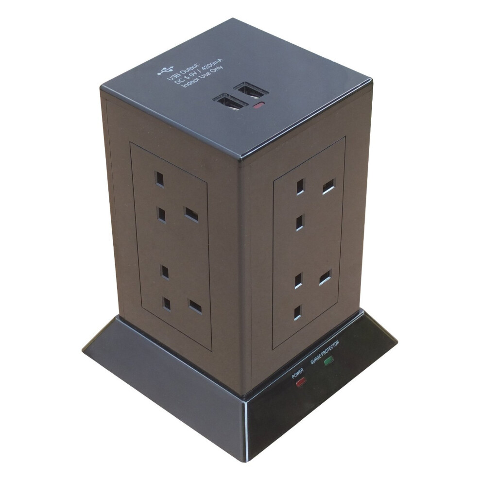 8/9 Gang Socket Extension Lead With 2 Usb Ports With Surge Protection 13 Amp 1.5 Metre (Black 8 Gang) 5021482003094
