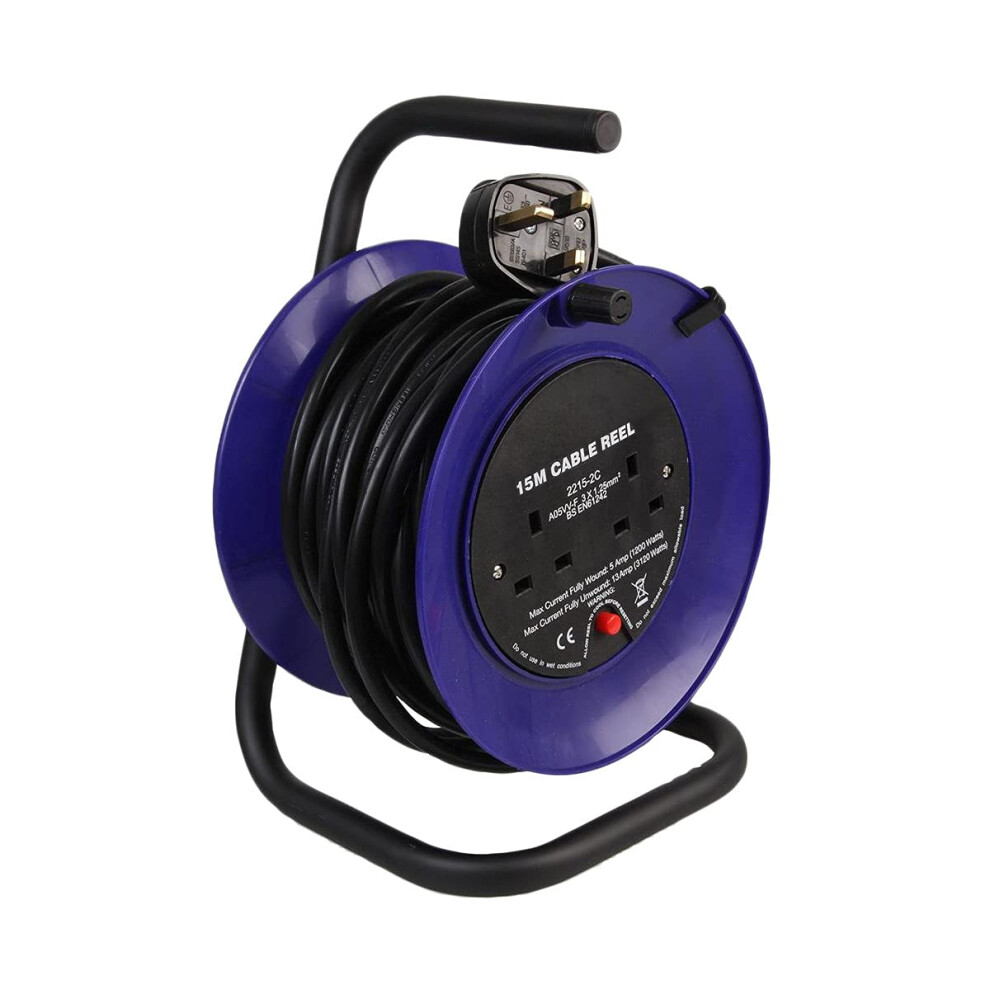 Ex-Pro 2 Gang Mini Open Cable Reel Extension Lead With Handle And Thermal Cut Out, 15M, Blue 5056450604263