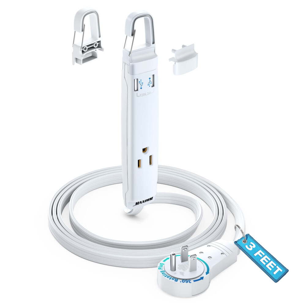 Photos - Electrical Wire & Cable 360? Rotating Flat Extension Cable with USB Ports and Removable Hook, 3 Feet White Extension Cable  UL Certified 3(16 Gauge)