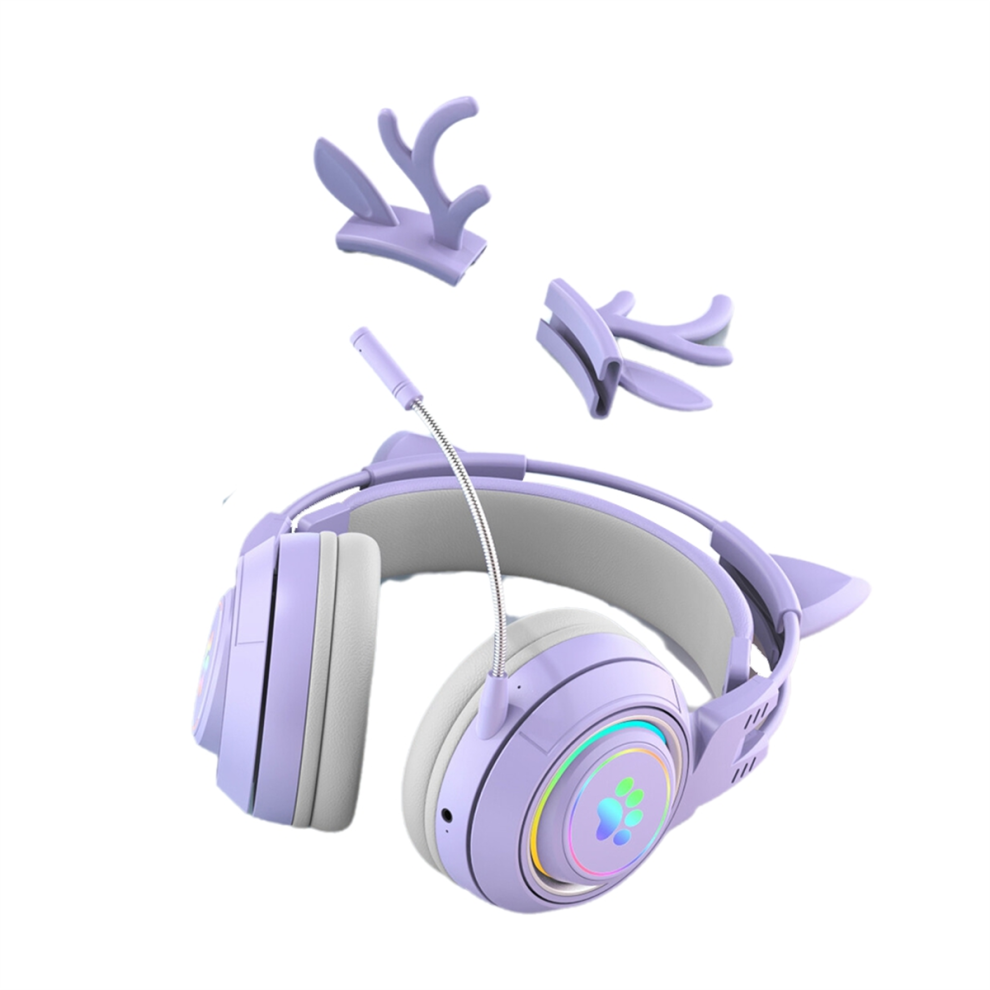 Cute Antlers Cat Ear Wireless Bluetooth Headphone Gamer Earphone Gaming Headset With Rgb For Kid Light 4852145481970