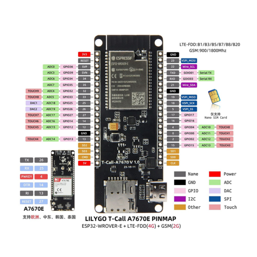 T-Call A7670 4G 2G ESP32 Development Board A7670E LTE GSM Network ESP32-WROVER-E WiFi Bluetooth Wireless Module 2