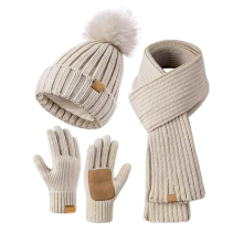 Winter Hat Scarf Gloves Set for Women, with Pom Beanie and Long Scarf, Stylish Accessories