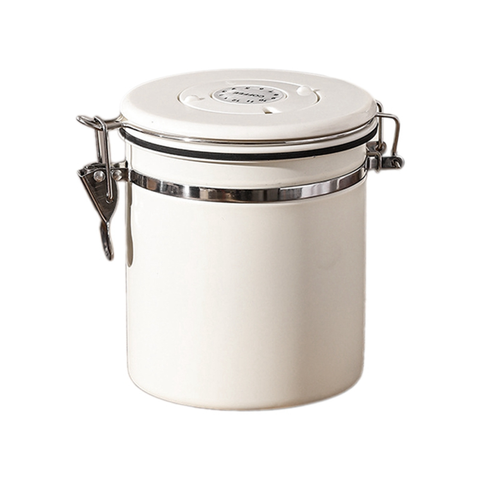 Coffee Canister Airtight Bean Container With Date Tracker Stainless Steel Kitchen Storage Box 1.5L White Saudism