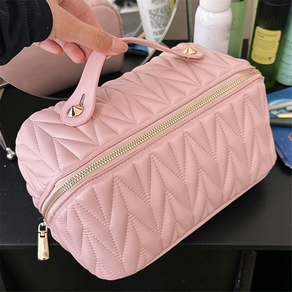 Saudism White Leather Travel Makeup Bag Large Capacity Toiletry Organizer For Women With Waterproof Interior Pocket,