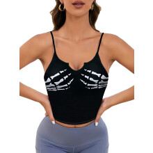 Women'S Sleeveless Camisole Top Halloween Skull Hand Print Short Black S