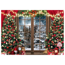 Photography Background 150x100CM Christmas Theme Winter Fantasy Snow Tree Red Curtain