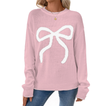 Women Y2K Knit Sweater Crew Neck Long Sleeve Knitted Pullover Oversized Contrast Trim Knitwear Pink M