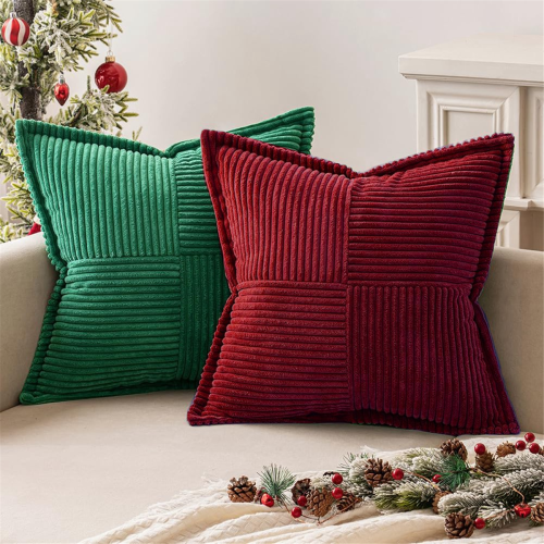 Corduroy Pillow Covers with Splicing Soft Couch Broadside Striped Decorative Textured Throw Green 2