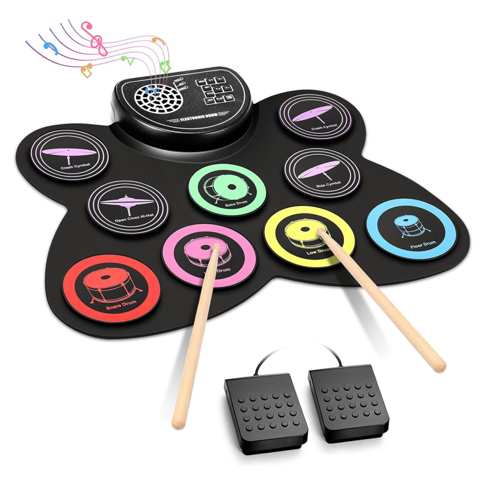 Hand Roll Drum Set,9 Pad with Headphone Jack,Electronic Kit Built-in Speaker Pedals Sticks,Gifts for Kids