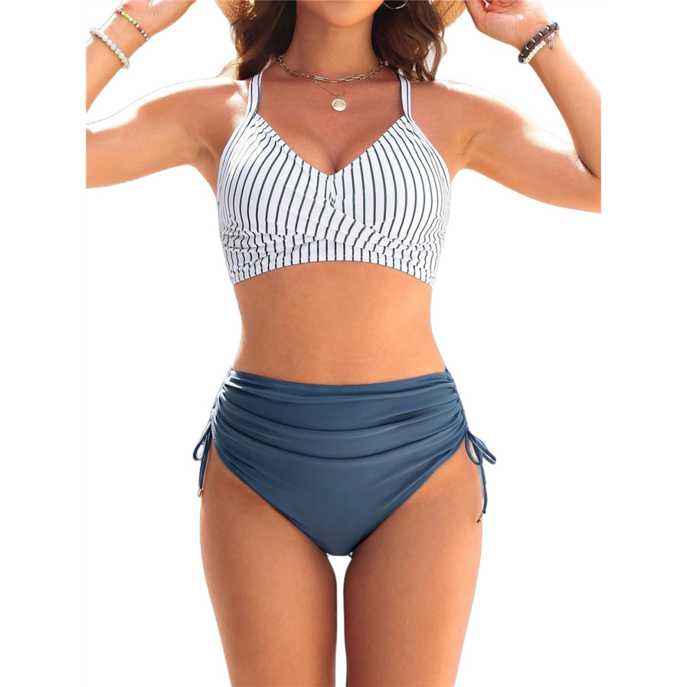 Womens Bikini Sets Drawstring Tummy Control Swimsuits Crisscross Tie Back Bathing Suit Blue XXL