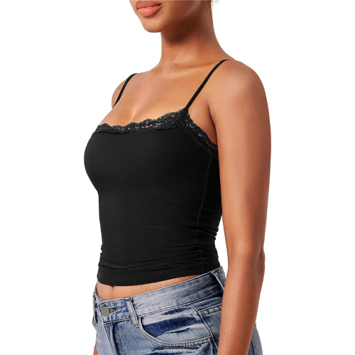 Women'S Lace Camisole Square Neck Sleeveless Spaghetti Strap Basic Tank Top Black L 2