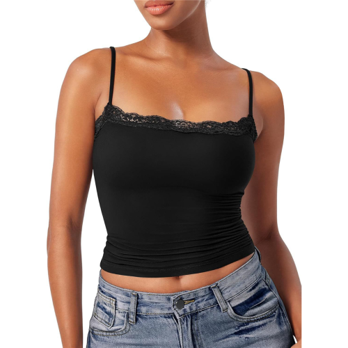 Women'S Lace Camisole Square Neck Sleeveless Spaghetti Strap Basic Tank Top Black L