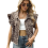 Women'S Solid & Leopard Print Button Down Wood Cuff Denim Vest Casual Chic Flap Pockets Decor Outerwear XL 1