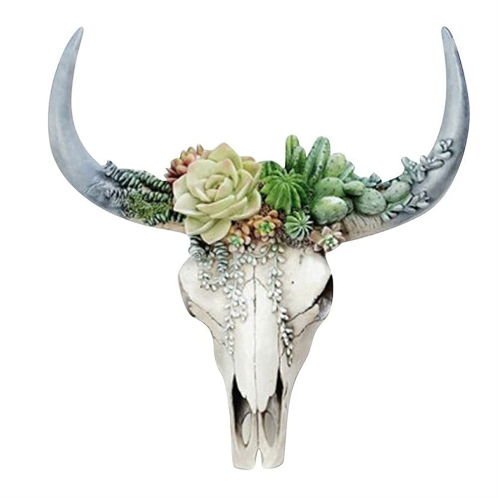 Resin Longhorn Cow Skull Head Wall Hanging Decor Flower Nursery Ornament With S Green Saudism