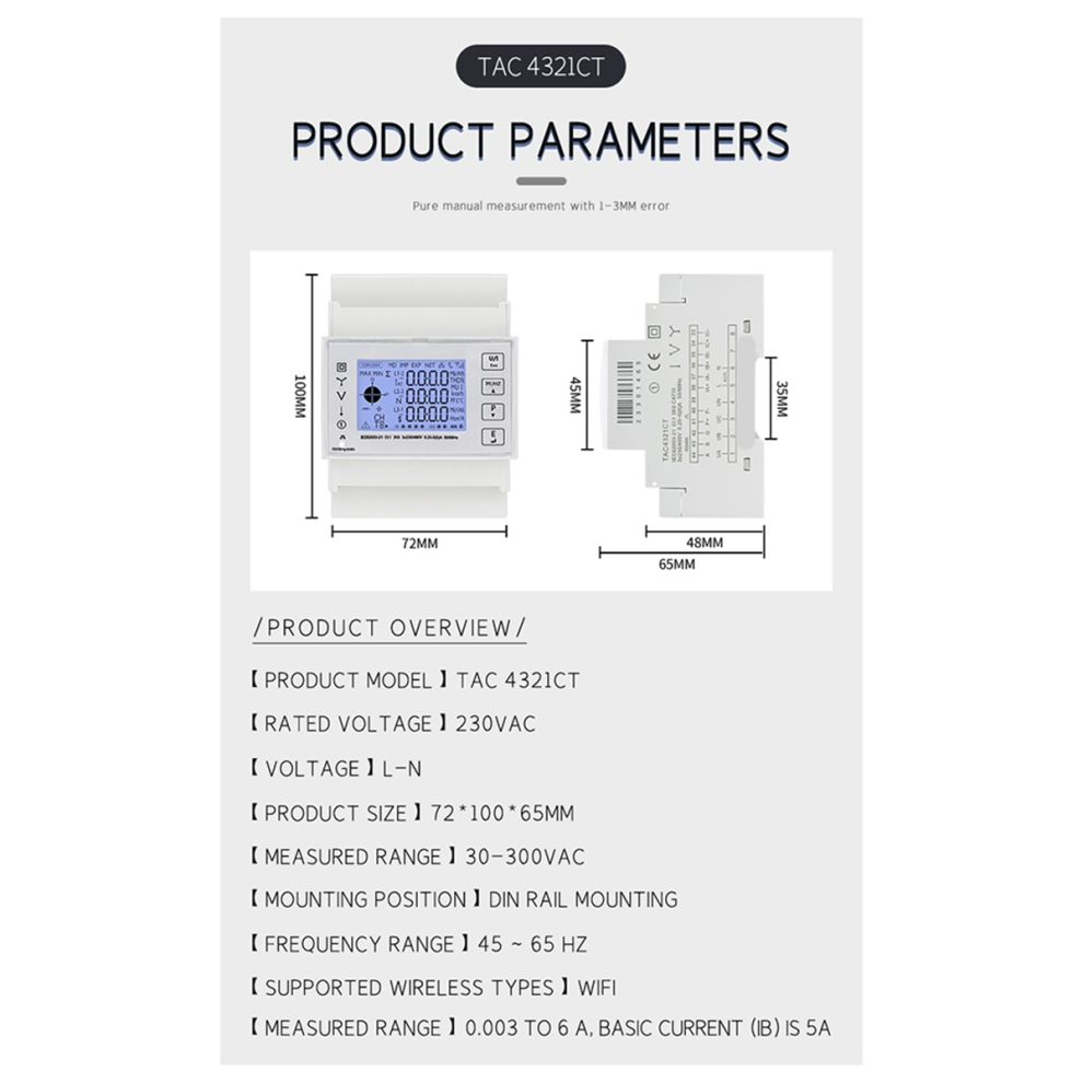 Tac4321ct Three Phase Din Rail Wifi Tuya Mutil-Function Energy Meter With Kct16 Current Transformer 230/400Vac 4852689497598