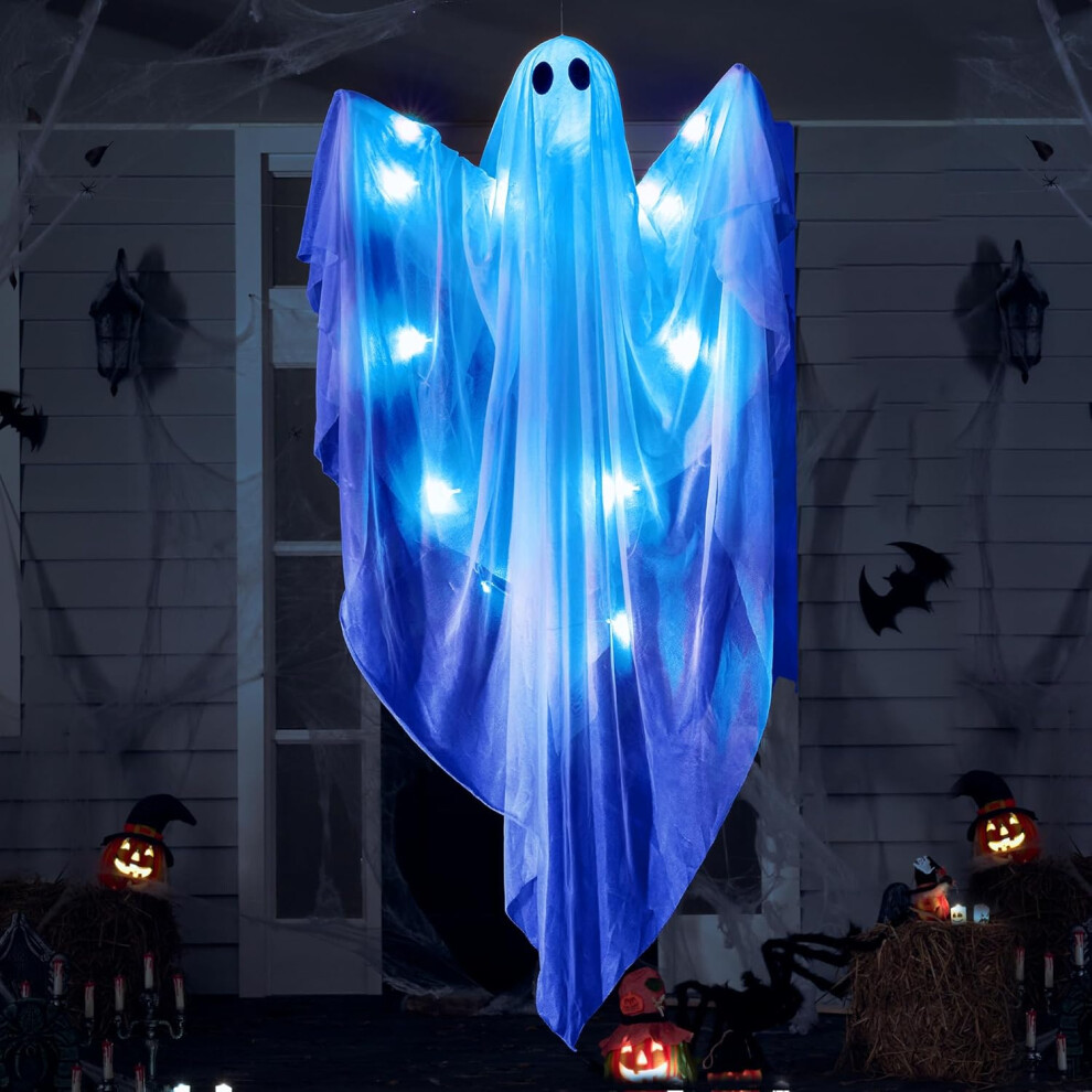 Halloween Hanging Light up Ghost with Spooky Blue LED Light, 47â White Hanging Ghosts