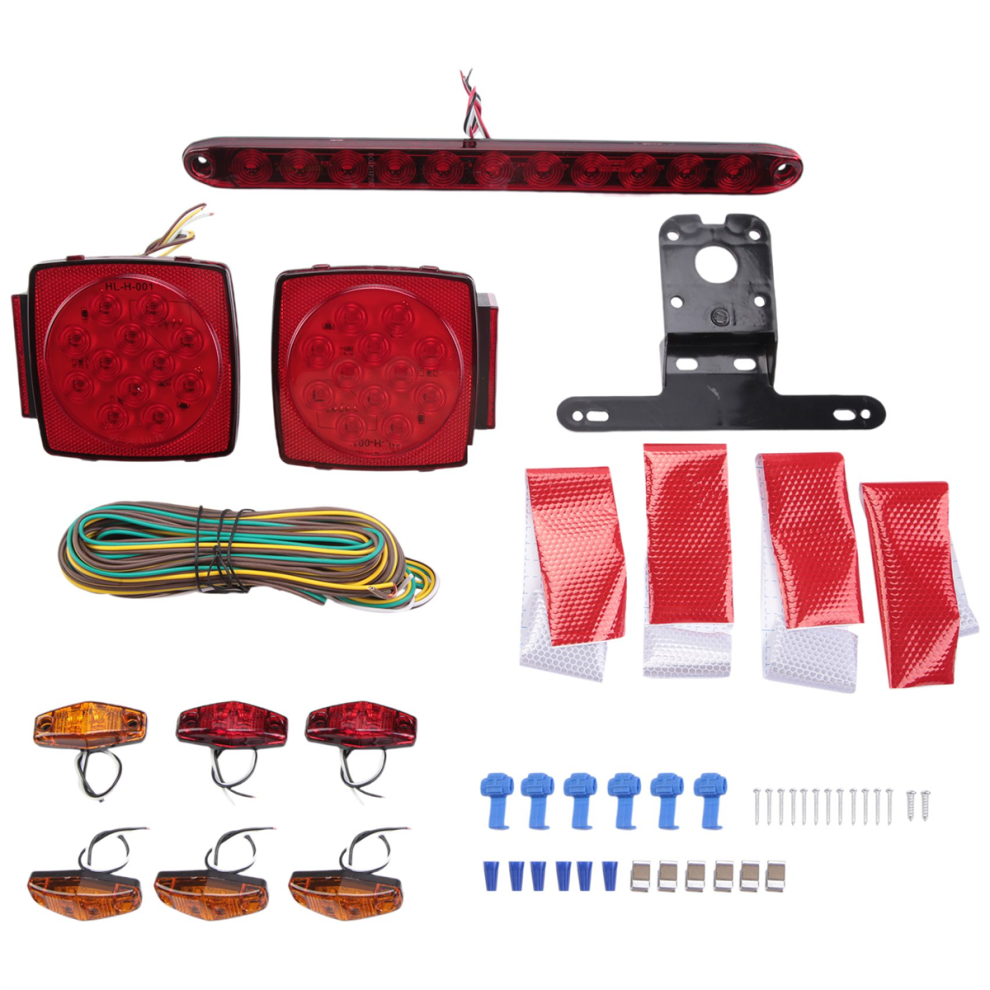 Trailer Led Kit, Square Stop Turn Tail Brake License Plate Running S With Wiring Harness/Marker Light 4852689440358