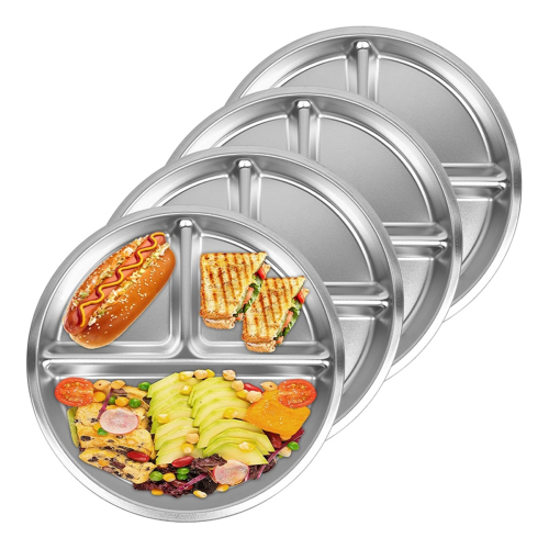 4Pack Stainless Steel Plates, 8Inch 3 Section Round Divided Plates Portion Control Partition Plate for Camping