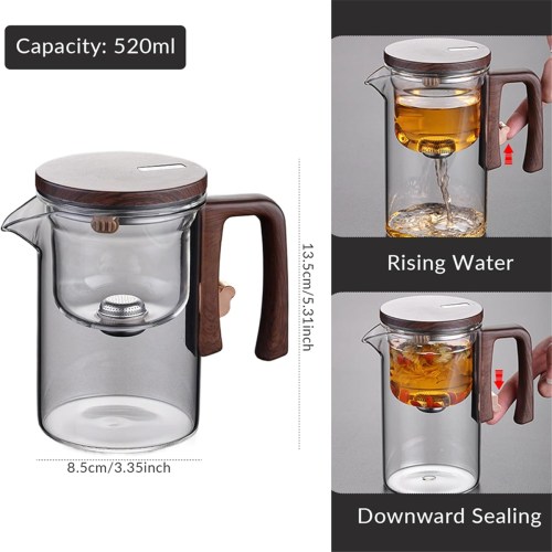 Water Separation Inner Container Teapot One Click Magnetic Switch Tea Filtration GlassTea Pot Wood Handle 2