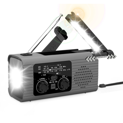 Multi-Function Emergency Radio with AM/FM Band Hand Crank Solar Charging Lighting Disaster Prevention Gray