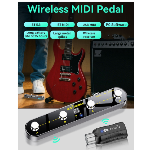 Wireless MIDI Adapter Audio Transmitter Receiver 2.4GHz Ultra-Low Latency Built-in Silent Foot Controller 2