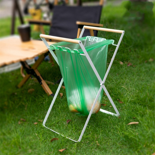 Trash Bag Holder with Wood Handle Portable Kitchen Garbage Sorting Rack Separate Recycling Waste Bin for Camping A 2