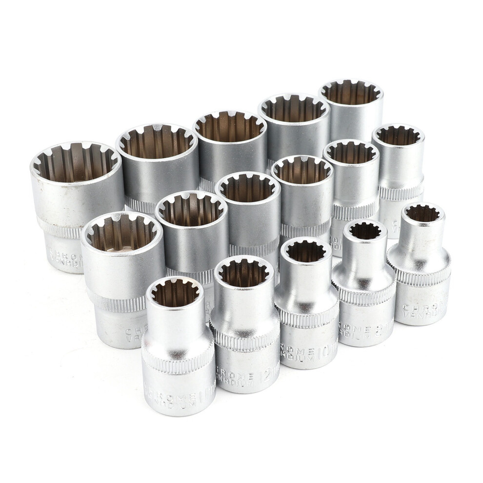 16Pcs Sae/Metric Spline Socket Set, 1/2In, Mirror Nickel Finish 8791333504878