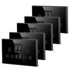 5-Pack Black Double-Switched Socket with USB Type-C & Type-A Ports, 220-250V, 13A, Glass Panel