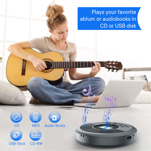 Compact Rechargeable CD Player with USB Bluetooth Dual Speakers for Home & Car 2