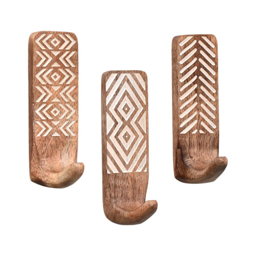 3 Pack Non-Destructive Wood Wall Hooks - Adhesive Boho Decorative 1