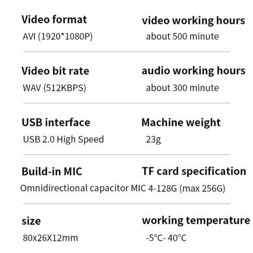 Mini telecamera corporea 1080p 32GB Nero 80x26x12mm Type-C 2
