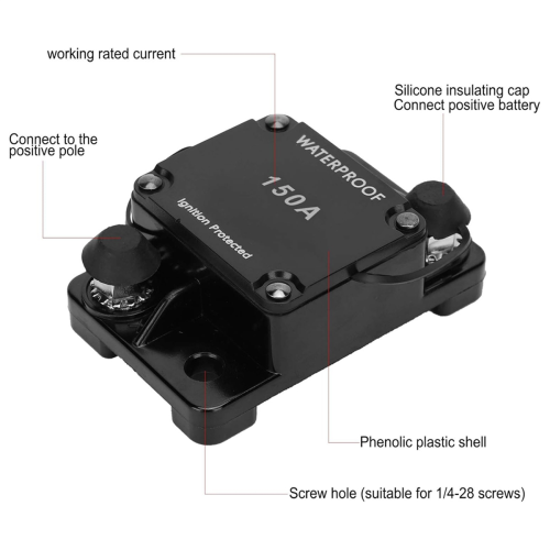 HT-608 Circuit Breaker Waterproof Automatic Switch Auto Reset Holder Inverter Overload DC12-24V 80A 2