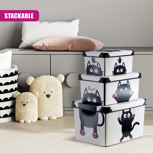GEEZY GEEZY Storage Boxes with Lids Set of 3 Decorative Plastic Cat Theme Stacking Container 1