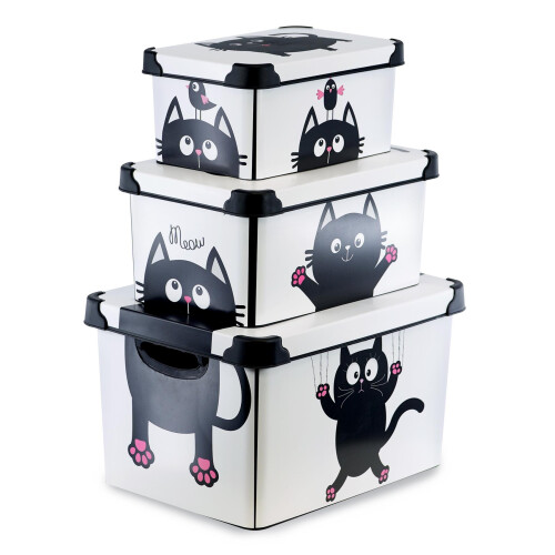 GEEZY GEEZY Storage Boxes with Lids Set of 3 Decorative Plastic Cat Theme Stacking Container