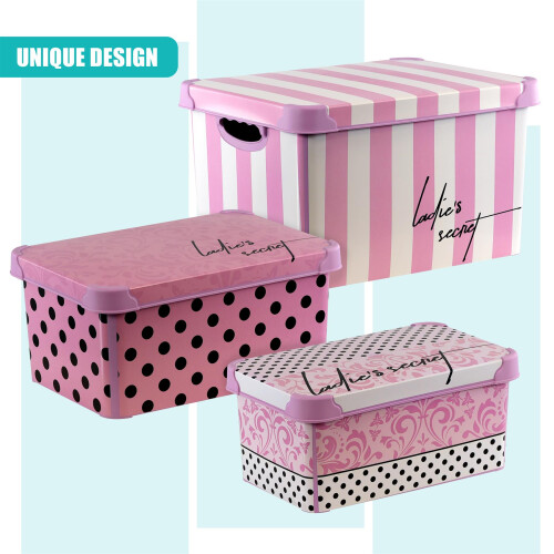 GEEZY GEEZY Decorative Storage Boxes with Lids Set of 3 Pink Plastic Stackable Containers 2