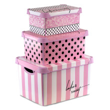 GEEZY Decorative Storage Boxes with Lids Set of 3 Pink Plastic Stackable Containers
