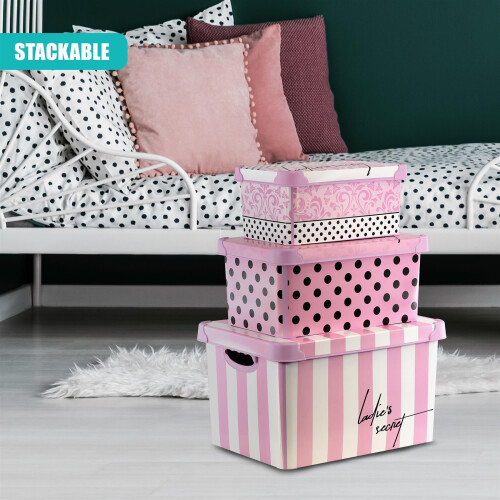 GEEZY GEEZY Decorative Storage Boxes with Lids Set of 3 Pink Plastic Stackable Containers 1